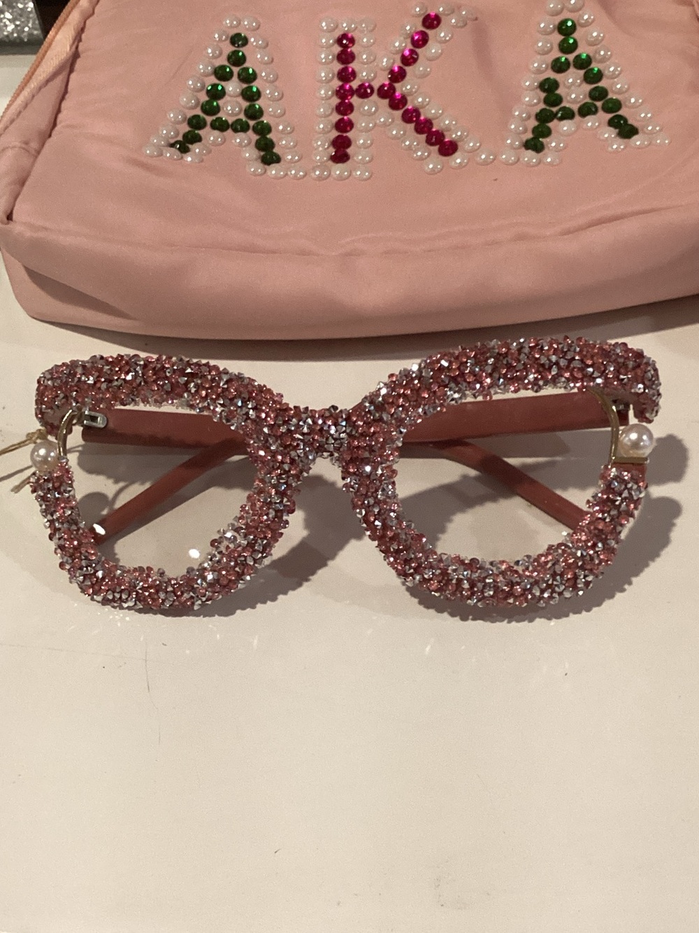Crystal-Embellished Pink Sunglasses with Pearl Detail